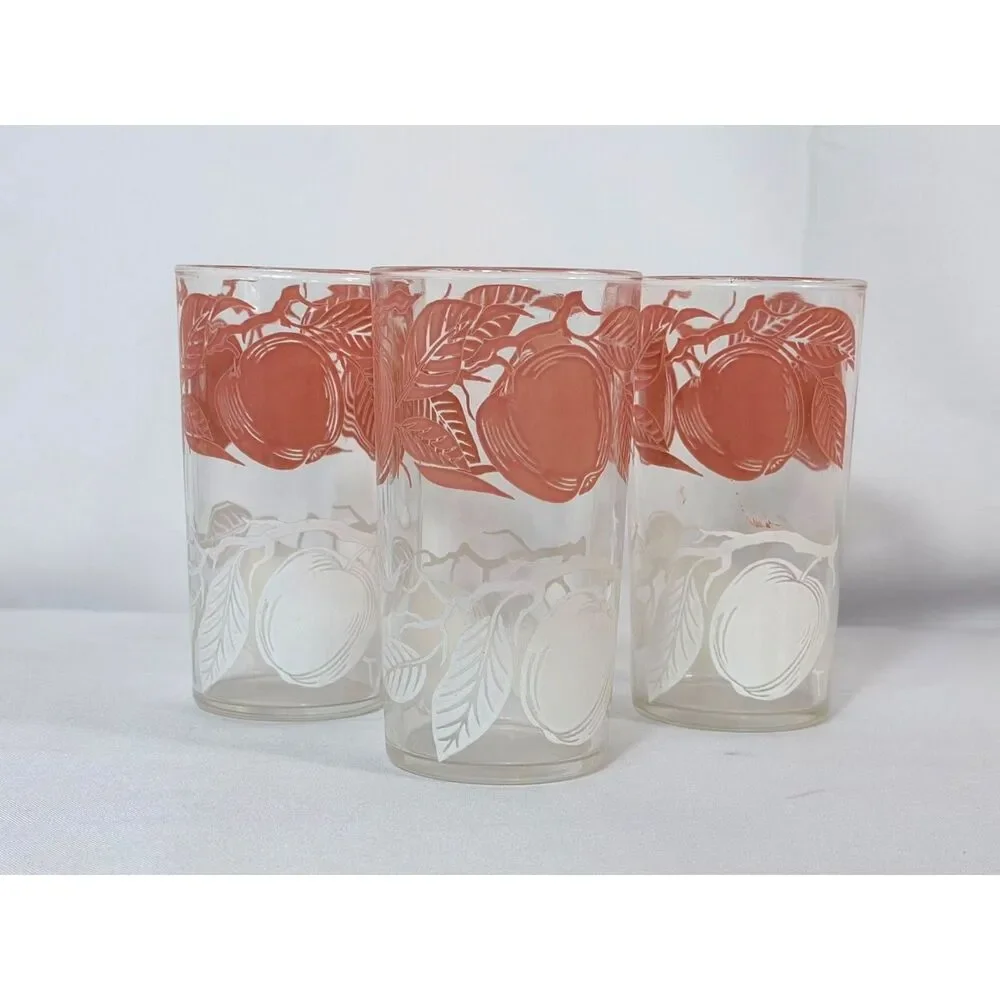 Vintage Swanky Swig Juice Glass Pink White Apples Leaves Tumbler Set 3